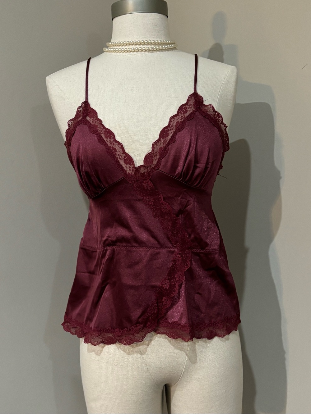 Vintage Silky Nylon Lace Trim Satin Cami Top in Burgundy - Women's Intimates
